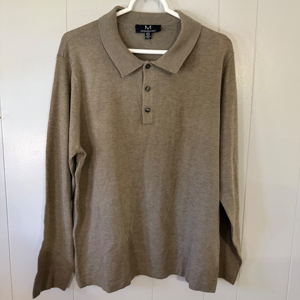 Magaschoni Polo Sweater Mens‎ Medium Taupe Long Sleeve Wool Blend Knit 4684